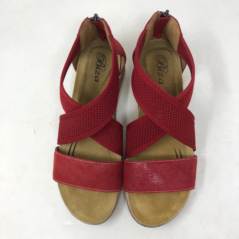 Biza Womens 39 Sandals Bree Red Suede Cross Strap Back Zip Low Wedge US 8-8.5